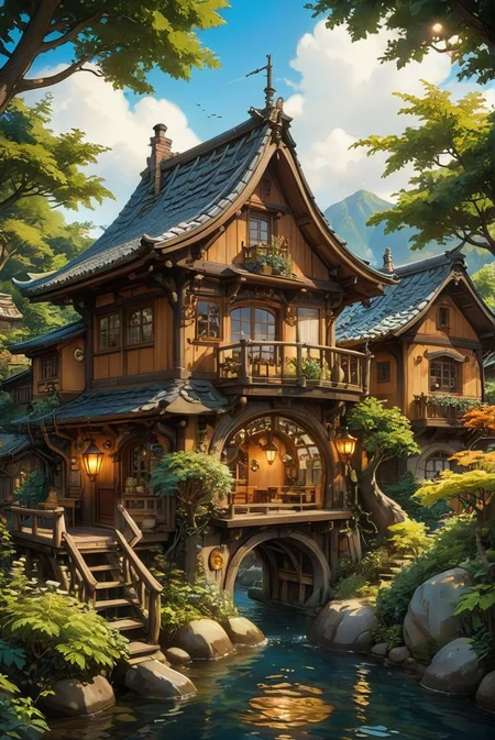 A surreal, hyper-realistic depiction of an onsen bathhouse, reminiscent of Studio Ghibli's "Spirited Away." The scene captures the enchanting and whimsical essence of a traditional Japanese bathhouse, with intricate wooden architecture, warm glowing lanterns, and a serene, inviting atmosphere. The bathhouse is surrounded by lush greenery and a mystical ambiance, transporting viewers to a dreamlike world. The level of detail is extraordinary, with every wooden beam, lantern, and plant meticulously rendered, creating an immersive and magical visual experience.
hyper-realistic, surreal, onsen bathhouse, Studio Ghibli, Spirited Away, intricate wooden architecture, warm glowing lanterns, serene atmosphere, lush greenery, mystical ambiance, dreamlike world, extraordinary detail, immersive, magical.
<lora:20240627-1719439682067:0.85> FRESHIDEAS Fantasy Cottage,
<lora:add-detail-xl:1.0>,
<lora:EnvyBetterHiresFixXL01:1.0>,
<lora:extremely_detailed:1.0>, extremely detailed, 
<lora:EldritchMixIllustration_1.1:0.75>,
<lora:zavy-cntrst-sdxl:0.5> dark, chiaroscuro, low-key,