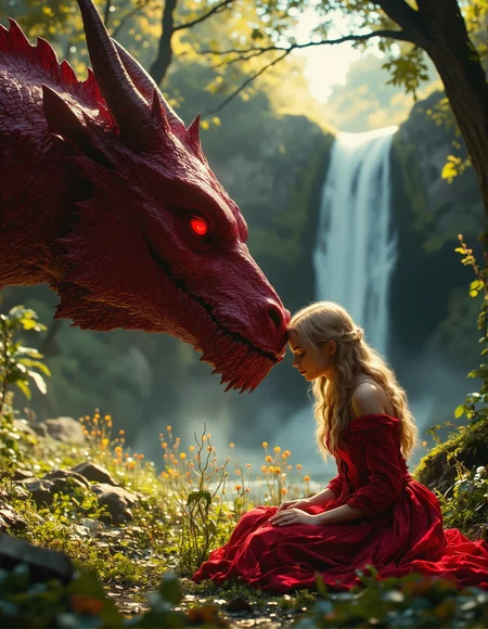 cinematic photo of a woman with long blonde hair and a red dress sitting in a grassy forest clearing. She is gently touching foreheads with a massive, detailed red dragon. The dragon's head takes up a large portion of the left side of the image, showcasing its textured scales, horns, and glowing red eyes. The woman is seated on the right, looking towards the dragon with a peaceful expression. A waterfall is visible in the misty background behind the dragon, adding to the fantastical setting. Sunlight filters through the trees, creating soft, diffused lighting and highlighting the textures of the dragon's scales, the woman's hair and dress, and the surrounding foliage. Tall grasses and wildflowers are visible in the foreground. emphasizing detail and soft natural light, reminiscent of fantasy art, 35mm photograph, film, bokeh, professional, 4k, highly detailed. <lora:Elden_Ring_-_Yoshitaka_Amano:0.4>, <lora:FantasyWizardWitchesFluxV2-000001:0.8>, <lora:RetroAnimeFluxV1:0.35>, <lora:FluxProUltraFantasia:0.5>, <lora:- Flux1 - vanta_black_V2.0:0.7>, <lora:CinematicStyleFlux_v1:0.6>