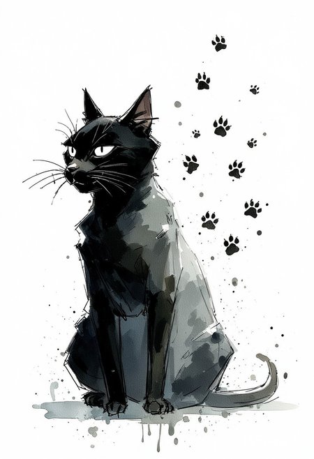 Watercolor painting of a negative colored paintsplash of a cat with several cat paw prints. White on black background.