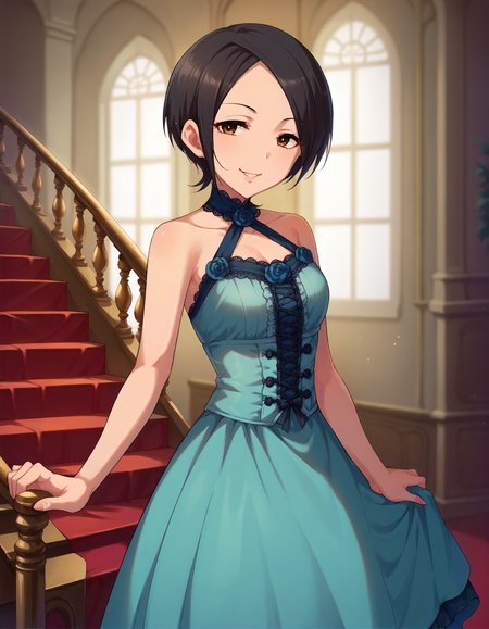score_9,score_8_up,score_7_up,1girl,solo,standing,looking at viewer,smile,indoors,victorian,stair,blurry background,
<lora:tougouai_ponyXLV6:0.8>,cgtai,black hair,short hair,brown eyes, 
cyan halter dress