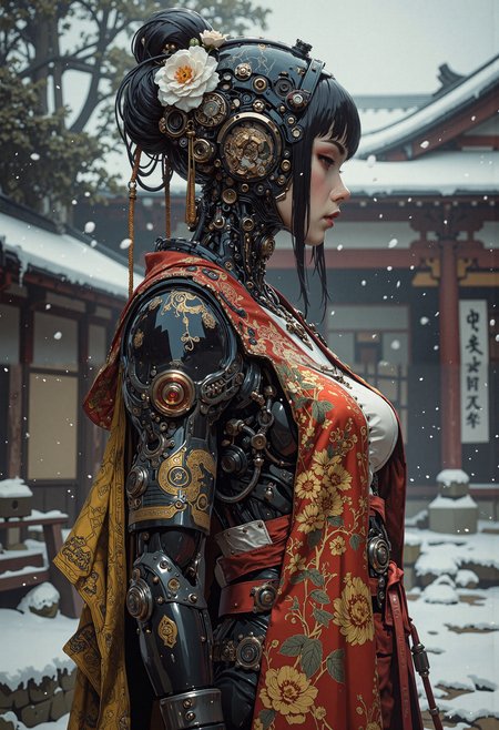 masterpiece, high-quality, hyperdetailed, A geisha android with a polished black carapace, intricately inlaid with golden floral patterns and exposed, delicate silver wiring. She wears a vibrant crimson and gold silk kimono, slightly open, revealing the gleam of her metallic torso. A single white camellia adorns her traditional hairstyle. Snow falls gently around her in a serene, traditional Japanese garden. Style is Cyberpunk-traditional fusion, ornate robotics, high-contrast textures (metal, silk, snow), elegant and melancholic., <lora:FLUX\Anime v1.3:0.5> <lora:FLUX\MoriiMee_Gothic_Niji_Style_FLUX:0.6> <lora:FLUX\CPA:0.5> <lora:FLUX\DarksunRiddV4:0.5