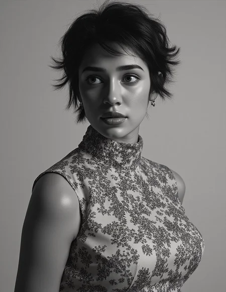 black and white photo of kr1t1 sh3tty woman, hyper realistic photo that is safe for work, shy smile, studio quality image with natural colors, well dressed wearing intricate turtleneck Indigo floral summer dress, hair styled as  messy pixie,muted pastel shaded multicolored background that contrasts with the person, cinematic lighting,âââââ  <lora:kr1t1_sh3tty_Kriti_Shetty_Flux_Kohya_V1:1>âââ
