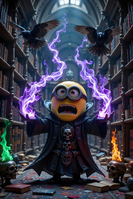 A short yellow minion from despicable me is dressed as a shadowy necromancer in an ancient library, purple energy swirling between their outstretched hands as books float off shelves around them. Their black robes are adorned with silver skull motifs and flowing scripts. Magical chains of blue light bind forbidden tomes to their will, while raven familiars perch on twisted metal stands nearby. Green flames burn in skull-shaped lanterns, casting eerie shadows on the walls lined with forbidden knowledge. , detailed background  Fantastic lighting. Detailed shadows.intricate details, vivid colors, hyper-detailed, ultra-sharp, , <lora:FluxMythR3alisticF:0.4><lora:midjourney_whisper_flux_lora_v01:0.4><lora:aidmaMJ6.1-FLUX-V0.1:0.4><lora:Movie_Portrait:0.4><lora:Flux DetailerV2:0.4>