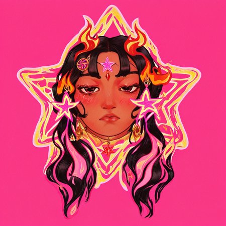 1girl, sm0k, earrings, star (symbol), upper body, flames, ornaments, simple background, pink, eyes open, long dark hair, hair clips, dark skin