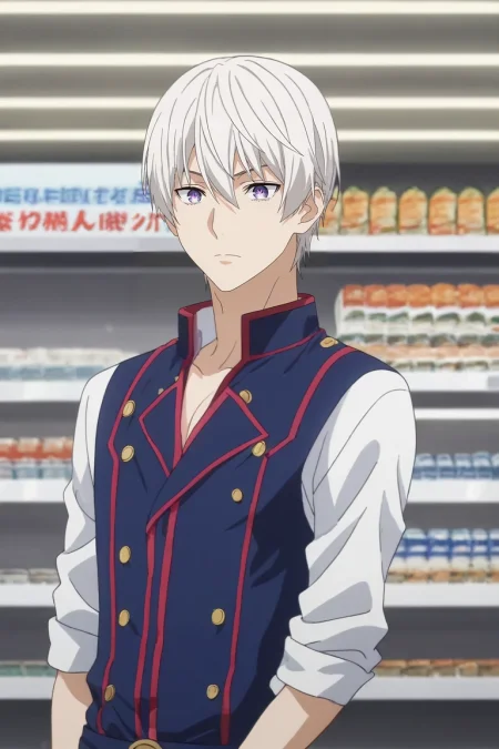 score_9, score_8_up, score_7_up, , rating_safe, intricate details, anime screencap, , , , , 1boy, solo, male focus, <lora:eishi_tsukasa_pony:0.82>, eishi_tsukasa, white hair, purple eyes, short hair, hair between eyes, cowboy shot, store, convenience store, indoors, light, (pose), sparkling eyes, captain costume, <lora:sdxl_lightning_8step_lora:1>