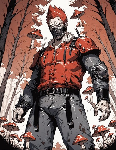 score_9, score_8_up, score_7_up,score_6_up,high resolution,qhayastyle,monochrome,greyscale,red background,hatching,en,1boy,spiked hair,red hair,mask,fur jacket,pants,belt,shoulder pads,mushroom,forest,rim lighting,dof,solo,dirty,from below,dynamic pose