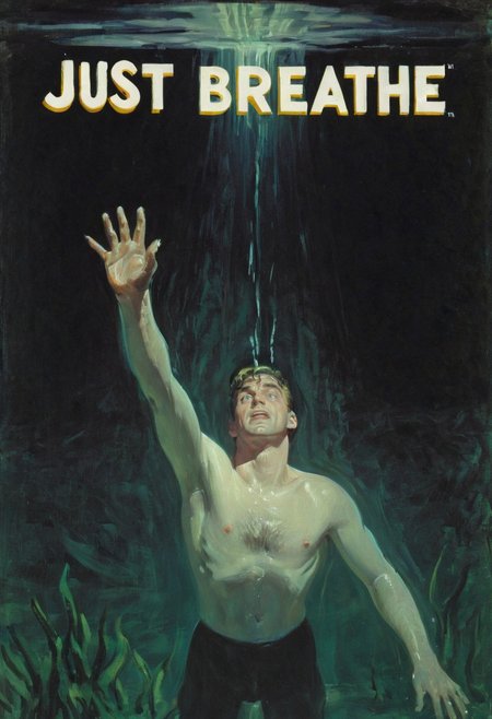 A man is submerged deep underwater and drowning. He reaches up with one hand, looking up. Text says "Just breathe" <lora:Rafael_DeSoto:0.7> 1960s <lora:chdmchlwrd:0.7> Dark art, chdmchlwrd