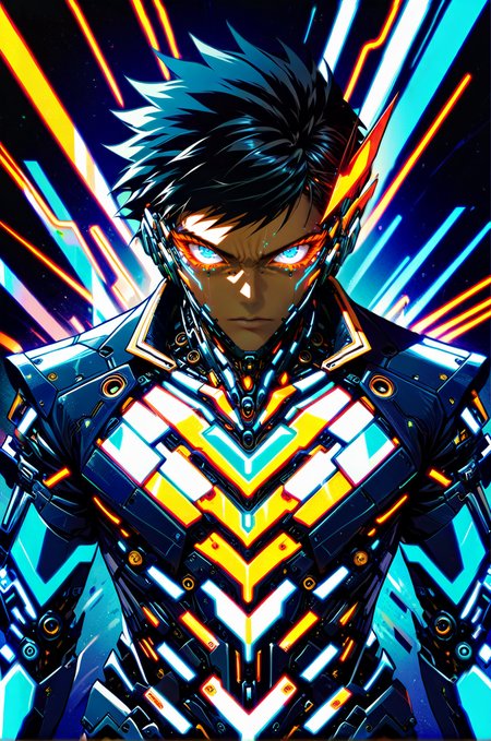 cybernetic robot <lora:Splash_Art_SDXL:1>, one man, short hair, serious facial expression, upper body, neon aura, in a luxurious suit, broad shoulders, looking at the viewer, torn shades, front view <lora:art-v5:0.5> <lora:incase-ilff-v3-4:0.7> <lora:zavy-flrscnc-sdxl:0.9>   <lora:SDXLHighDetail_v5:0.5> . android, AI, machine, metal, wires, tech, futuristic, highly detailed