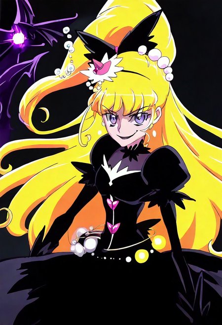 cure miracle, cure miracle \(diamond style\), crmrcldiamond, blonde hair, high ponytail, half updo, very long hair, shiny hair, hair beads around ponytail, eyebrows visible through hair, purple eyes, eyelashes, mini witch hat, 
black dress, black costume, small devil wing,
simplebackground, (dark indoor, evil smile) ,spot light