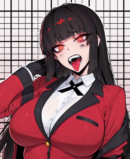 <lora:ace_glitch-000023:1> ace_glitch,
(masterpiece), (best quality), (ultra-detailed), amazing quality, very aesthetic, illustration, perfect composition, intricate details, absurdres, incredibly absurdres, shiny skin, realistic,
 ace_glitch, 1girl, tongue, red eyes, solo, breasts, black hair, tongue out, school uniform, long hair, gloves, large breasts, shirt, jacket, red jacket, blunt bangs, black gloves, looking at viewer, hime cut, open mouth, barcode, teeth, white shirt, checkered background, sharp teeth, ringed eyes, red suit, blazer, collared shirt, sensitive