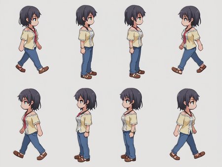 score_9, score_8_up, score_7_up, source_anime,
BREAK
<lora:shiSpriteV2:0.9>, sprgt, sprite sheet, multiple views, chibi, full body, from side, one eye closed, profile, 
1girl, standing, walking, 
simple background, white background, 
anime screencap, anime coloring, 
<lora:shiYukSisV1:1> harudef, short hair, black hair, yellow shirt, bracelet, jewelry, necktie, bracelet, blue pants, off shoulder,  jeans, brown footwear, shoes,