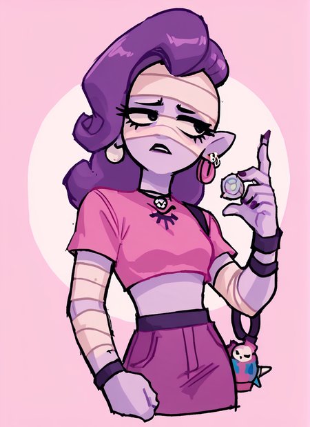 score_9, score_8_up, score_7_up,   <lora:bsemz:1>bsemz , 1 girl , purple skin , bandages ,Earrings , purple hair, skirt  ,cropped shirt , pink shirt  , <lora:SyrupyyyArt:1>syrupyyy