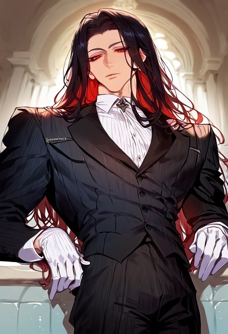 anime artwork, score_9, score_8_up, score_7_up, score_6_up, score_5_up, 1boy, red eyes, garden, fountain, sunny, bliss, black hair, black butler outfit, handsome, white gloves, detailed clothing, masterpiece, straight hair, suit,  simple cotton gloves, solo, closer to the face, seductive look,
 <lora:Floox_Style:1>, long hair, detailed eyes, close up, detailed hair, crimson eyes, scarlet eyes, camera from below, looking down, Sebastian black butler, black butler sebastian