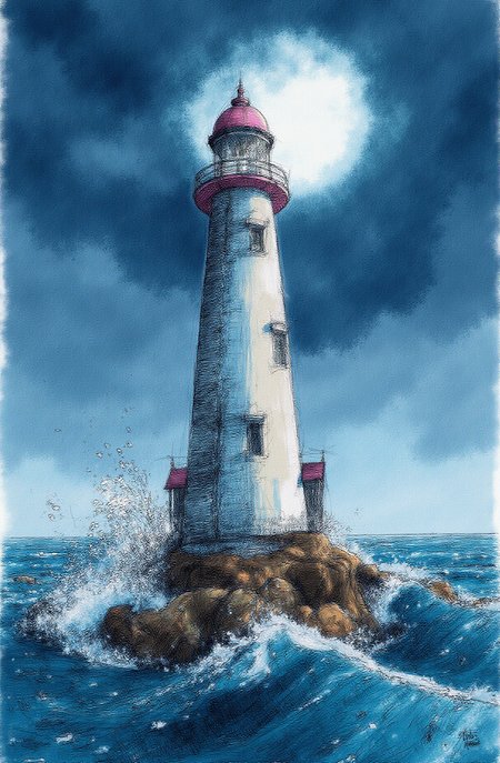 Sharp image of a rough sketch, rendered in vibrant multi colour ballpoint pen, capturing the adorable features of a digital illustration of a lighthouse on a rocky island in the middle of a stormy sea. The lighthouse is tall and has a pointed top with a small window on the right side. The sky is filled with dark clouds and the sun is shining brightly, creating a dramatic and ominous atmosphere. The sea is turbulent with large waves crashing against the rocks and creating a spray of white foam. The overall mood of the image is dramatic and dramatic.  p3nsk, <lora:p3nsk:1>