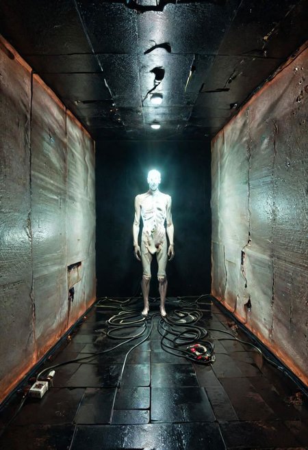 a dystopian matrix abyss by H.P. Lovecraft, a long floor into eternity, black reflecting tiles, dimmed lightning, vintage sci-fi led panels, electrical panels, rear view neo pale man in the end of the floor, emerging into wall, looking to viewer, tool band art