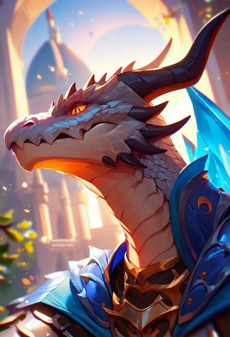 score_9, score_8_up, score_8, score_7, HD, male focus, solo, close up portrait, fantasy, castle in background, (dynamic lighting:1.1), ((masterpiece)), dragonborn, silver scales, (slim male), short horns, jaw spikes, sharp eyes, white and blue hood, leather armor, breastplate