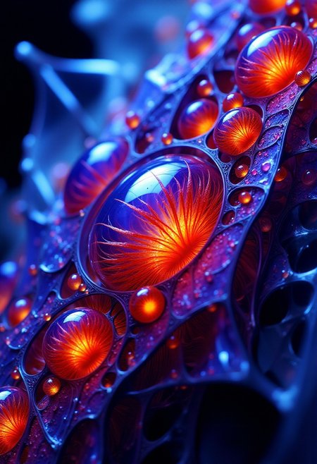 Fractals and bokeh swirl in brilliant shades of blue, purple and red. burned colors glowing with orange heat.  Bands of white light dash across the canvas. High saturation and contrast. sharp lines come into focus. Shattered glass. Shards of crystal. Droplets of rain accumulate on the windowpane.
