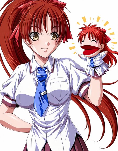 masterpiece, best quality, amazing quality, very aesthetic, absurdres, official art, ultra detailed,
1girl, solo, koume_kaede, red hair, long hair, ponytail, hair ribbon, yellow eyes, mole under eye BREAK
school uniform, necktie, pleated skirt, untucked shirt, 
smile, looking at another, standing, hppt,hand puppet, ^ ^, happy aura, simple background, white background, upper body, deep contrast of light and dark, highly detailed <lora:hand_puppet_IL_v1:1>
<lora:koume kaede v1.00-000019:1>