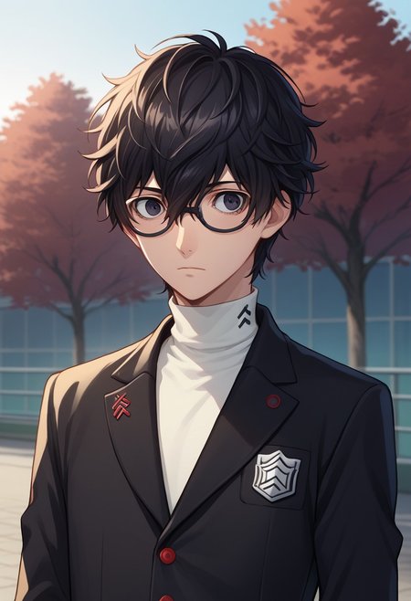 score_9, score_7_up, source_anime 
renpers, 1boy, male focus, solo, black eyes, glasses, black-framed eyewear, black hair, hair between eyes, short hair, school uniform, shuujin academy school uniform, shirt, white shirt, turtleneck, jacket, black jacket,
outdoor,