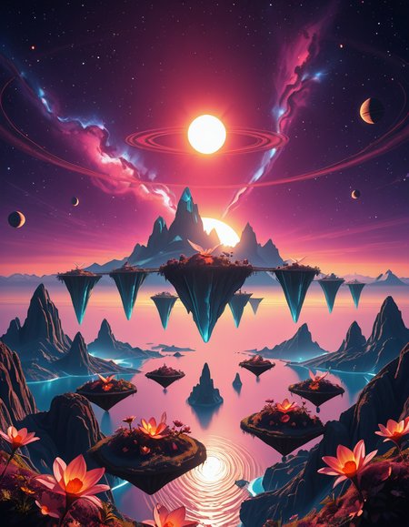 A breathtaking, high-resolution photograph of a celestial paradiseâa stunning, habitable planet floating in the vastness of space. The sky is a mesmerizing blend of deep purples, blues, and pinks, illuminated by twin suns casting golden light over the landscape. Towering crystal mountains shimmer in the distance, reflecting the vibrant hues of the nebula-filled sky. A vast, glowing ocean stretches across the horizon, its surface gently rippling with bioluminescent waves. Floating islands covered in lush, alien vegetation hover above the water, connected by natural bridges of luminescent vines. Exotic, radiant flowers bloom in every color imaginable, while gentle, ethereal creatures with translucent wings glide through the air. In the sky, a massive ringed gas giant looms majestically, its swirling clouds casting soft shadows over the dreamlike terrain. The air shimmers with floating particles of light, creating a surreal, otherworldly ambiance. The entire scene feels like a cosmic utopiaâtranquil, awe-inspiring, and untouched by time.
<lora:SDXLFaeTastic2400:0.4> <lora:extremely_detailed:0.4> extremely detailed,Celestial p4r4d1s3, <lora:Celestial_p4r4d1s3-i:1>, Masterpiece,best quality,hi res,8k,hi res,8k,award winning,(sharp focus, intricate, highly detailed),