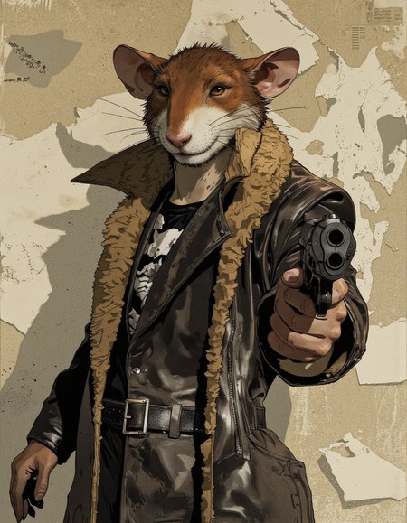 ZooPolis art. A digital illustration shoot from a frontal camera angle about a cartoonish depiction of a mouse character holding a gun, wearing a brown jacket and standing confidently in the middle of the image. the mouse character, positioned in the center of the frame, is facing the viewer and looking directly at them with a serious expression. he has a furry, brown fur coat, a black leather jacket, and a black belt with a silver buckle. the background is a beige, textured surface with scattered pieces of paper, giving the impression of a post-apocalyptic setting. the character is wearing a black t-shirt underneath the brown jacket, adding to the overall sense of mystery and action. the image also shows a gun in the mouse's right hand, which is pointing towards the viewer, as if ready to shoot. the overall style is reminiscent of comic book art, with bold lines and exaggerated proportions, making it a highly detailed and realistic illustration.