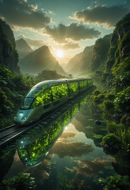 futuristic and cinematic scene, an advanced train with a sleek transparent glass exterior, traveling through a breathtaking landscape, with mountains on distant, the train's interior is filled with vibrant green plants, creating a miniature greenhouse effect, The surrounding environment is bathed in soft ethereal light filtering through gaps in the dense foliage, casting a glow on the reflective water below, the atmosphere is serene and otherworldly, combining elements of nature and futuristic technology, <lora:MJ52:0.3>, <lora:SDXLFaeTastic2400:0.3>, <lora:CinematicStyle_v1:0.8>, <lora:zavy-cntrst-sdxl:0.6>