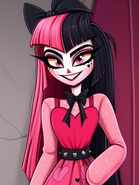 1 girl, 1 person, solo, <lora:HelHazbinV2:1> hellhazbin , <lora:Draculora:1> draculaura, streaked hair, pink hair, black hair, two-tone hair, pink eyes,