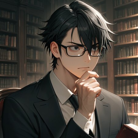masterpiece, best quality, amazing quality, absurdres, newest, detailed background, definition so sharp, Ultra-HD, 8K cinematic, very awa, impressionate, amazing quality, highres, 
solo, male focus, manly, 
saruhikofushimi, saruhiko_black hair, saruhiko_black eyes, 1boy, short hair, glasses, looking at something off-screen, intrigued expression, hand on chin, suit, dim lighting, library, books, serious, intelligent, cool, charming