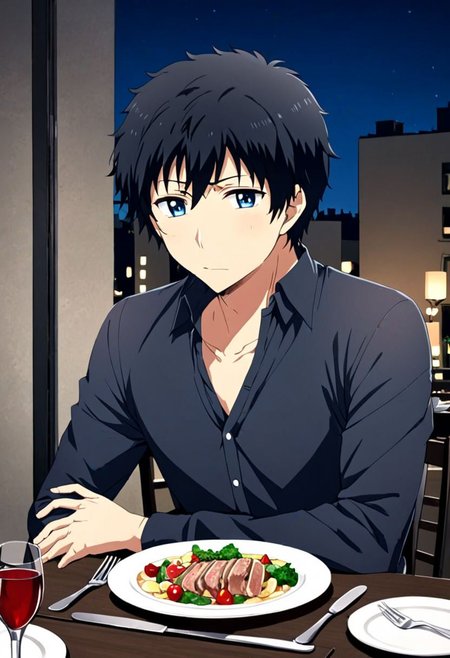 high resolution, solo, best quality, 1Boy, Arata Kaizaki, Black Hair, Blue Eyes, dating, romantic, dinner, OverallDetail