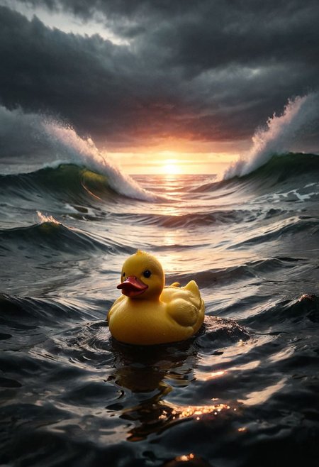 ral-apoctvisn, dark, chiaroscuro, low-key, Create an intense and captivating scene featuring a tiny, lost rubber ducky, adorned with stylish sunglasses, embarking on a daring surfing adventure amidst colossal waves. The action shot captures the rubber ducky inside the tube of a massive wave, evoking a sense of excitement and peril. The rubber ducky's expression conveys a mix of determination and vulnerability, highlighting its solitary journey through the tumultuous waters.
The setting sun paints the sky with a radiant palette of warm, golden hues, with shades of orange and pink casting a mesmerizing glow over the expansive ocean. The contrast between the small, lone rubber ducky and the vast, imposing waves enhances the feeling of isolation and insignificance in the face of nature's power. The dynamic composition of the scene emphasizes the rubber ducky's struggle against the elements, creating a visually striking and emotionally evocative artwork.