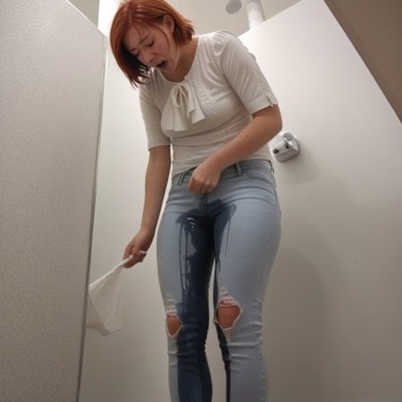 hidden camera, spycam, voyeur, omo wet, japanese toilet, standing, adult asian, pretty, skinny, 18yo, face freckles, red bob hair, white blouse, blue jeans, small breasts, crying, look down, cover face by hands, low angle, 1girl, solo,