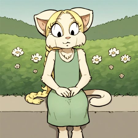 score_9, score_8_up, score_7_up, source_anime BREAK 
Tiffany, 1girl, solo, animal ears,blonde hair, furry female,cat, solo,outdoors,,sitting,dress,detailed backround,natural light,shadow detail,front view
 <lora:Precocious:0.8>