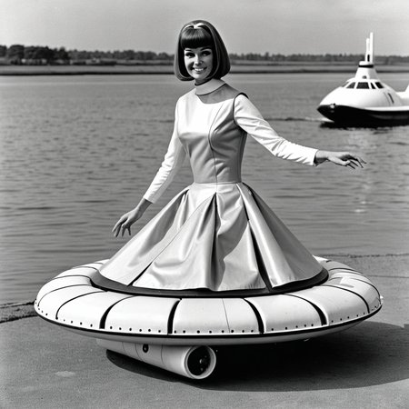1960s photograph of A woman wearing a hovercraft dress