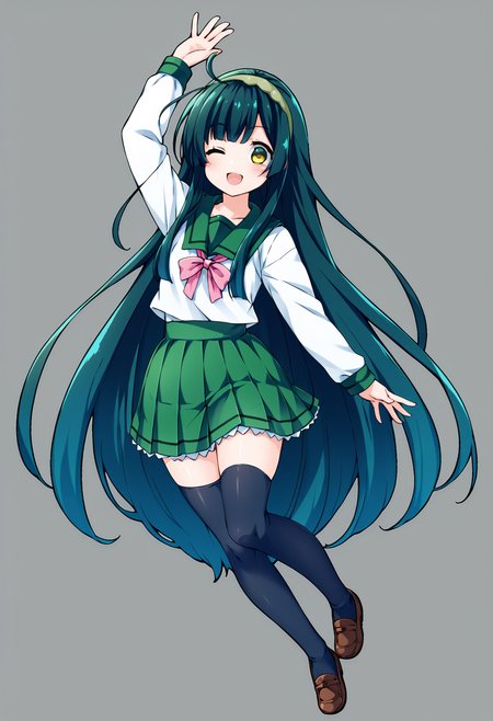 score_9, score_8_up, score_7_up, source_anime,  <lora:lowres_concept_ponyXL_v1:-0.3> 1girl, solo, looking at viewer, 
BREAK,
<lora:touhoku_zunko_PonyXL_v1:1> touhoku zunko, very long hair, green hair, yellow eyes, green hairband,
blush, smile, open mouth, bangs, skirt, simple background, shirt, thighhighs, long sleeves, white background, ribbon, school uniform, standing, full body, white shirt, ahoge, pleated skirt, hairband, one eye closed, shoes, serafuku, black thighhighs, sailor collar, arm up, neck ribbon, brown footwear, standing on one leg, ;d, green skirt, loafers, pink ribbon, green sailor collar,