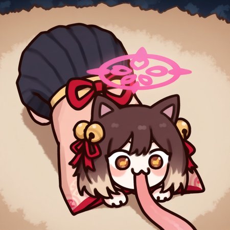 Ichihime, 1girl, solo, cat girl, multicolored hair, gradient hair, brown eyes, red eyes, animal ears, cat ears, hair bell, hair ribbon, tail, chibi, halo, parody, on stomach, mismatched pupils, all fours, very long tongue, :3
(masterpiece, amazing quality, absurdres, highres, newest, very awa:1.2)