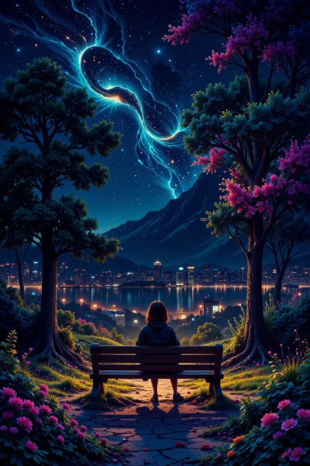 park bench beautiful  landscape, bright luminous night, woman, very intricate, very detailed, sharp, bright, colorful, <lora:Hand v2:0.5> <lora:Anti-Blur:1><lora:Insane Detail Slider:0.25>  <lora:flux.1_lora_flyway_Epic-detail_v2:0.3> <lora:fluxenhancer:0.25> <lora:ck-Neon-Retrowave:0.4> ck-rw, in the style of ck-rw,  <lora:Neurocore Anime Cyberpunk:0.8> A digital artwork in the style of cknc