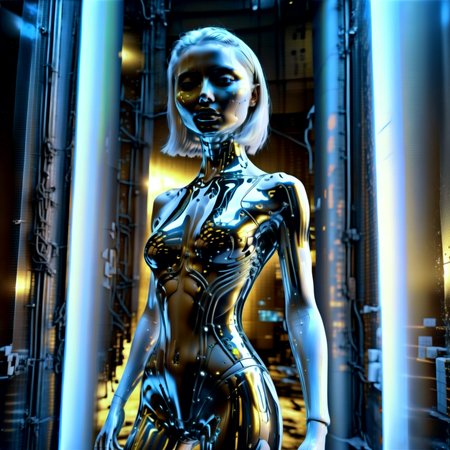 Haute Couture cyberpunk style, 1girl with chorme skin, (full body:1.331), hightech_robotics, (white hair:1.4), with light in her eyes and dark smoke around her body, (white head:1.1), (neon crisscrossing fine lines on face:1.2), (many neon pins pricked the entire head), BREAK stands still in a back alley, looking out to the crowded main street with neon sign, she is hoping to find the next victim, outdoors, high-tech cyberpunk nightcity background, (unreal engine), ray tracing, dynamic light, godrays, reflections, fisheye view, from below angle, long distance shot, hyper detailed, high quality, neon, dystopian, futuristic, digital, vibrant, detailed, high contrast,  (by h.r. giger:1.01),,, Haute Couture, often for exclusive fashion, custom-fitted garments, or high-end design.