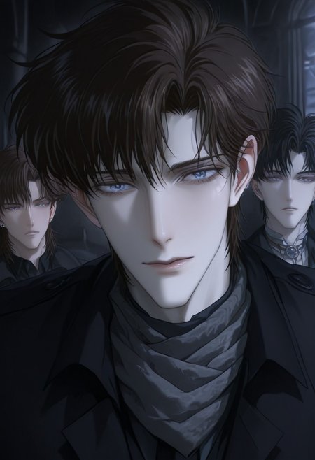 Realistic facial features, detailed features, well-defined features, semi-realistic style, painted style, detailed style, solo, anime style, minimalism, (beautiful face), adult male style, short hair, mature ikemen, [pointy chin], (beautiful eyes), Caucasian, sharp chin and jawline, realistic facial features, realistic features, defined features, [[mamoru_chiba]], handsome anime guy, piercing blue eyes, bangs, detailed hair, ikemenboys, semi-realistic, [2D], attractive features, [masculine], dark colours, dark lighting, sitting, sitting down, dark hair color, silvery strands of hair, brown hair, 
detail hair, detail eyes, medium hair, [[weak man]], [frail], narrow features, [[DILF]], overdressed, [scarf], [subtle stubble], attractive, [popular guy], (oval face), long face, [blue eyes], detailed inner cheeks, sunken in cheeks, guy with strong cheekbones, [frail guy], [dreamy], [princely], detail face, detail background, beautiful blue eyes, skinny guy, medium hair, thin, small mouth, thin lips, handsome ikemen, perfect eyes, light blue eyes, dark brown hair, white guy, pale skin, [gaunt appearance], perfect face, handsome face, streaks of grey hairs, darker hair, manly face,