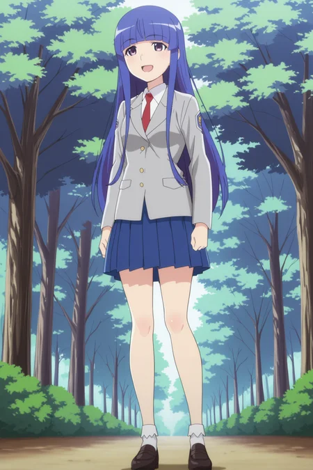 anime screencap, anime coloring, detailed face, masterpiece, best quality, very aesthetic, absurdres, volumetric lighting, official style, amazing quality, ultra detailed,  highres, amazing quality, scenery, beautiful detailed hair, beautiful detailed eyes,
 <lora:Rika_Furude_teenage_appearance_Higurashi_When_They_Cry_-_Gou_and_Sotsu:1>
outside, trees, 
St. Lucia blazer, Rika St. Lucia uniform, 1girl, solo, long hair, skirt, red necktie, school uniform, socks, blue hair, pleated skirt, loafers, shoes, jacket, blunt bangs, standing, open mouth, smile, :D
