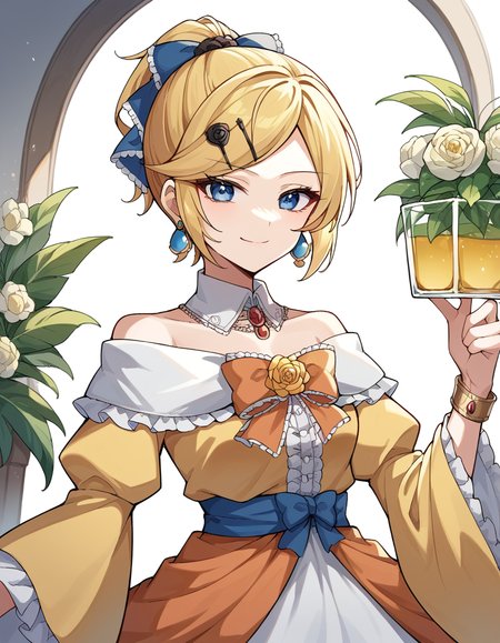 score_9, score_8_up, score_7_up, source_anime, <lora:riliane-lucifen-d-austriche-ponyxl-lora-nochekaiser:1>, riliane, blonde hair, blue eyes, ponytail, short hair, parted bangs, medium breasts, bow, bracelet, dangle earrings, detached collar, dress, yellow dress, dress bow, earrings, flower, flower brooch, frilled dress, frills, gown, hair bow, hair ornament, hairclip, jewelry, long sleeves, necklace, off shoulder, off-shoulder dress, pendant, sash, wide sleeves,, greenhouse, plants, glass, warm, growth, , v, v over mouth, smug,, looking at viewer, solo,, dutch angle, cowboy shot