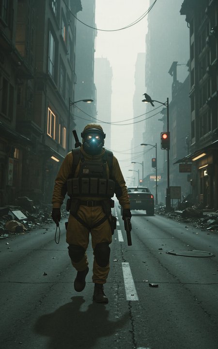 On an abandoned city street,ruins and debris are scattered everywhere. Dust drifts through the dim light,revealing that the once-thriving metropolis is now a thing of the past. Shattered storefront windows,collapsed streetlights,and cracked asphalt silently tell the story of a devastating catastrophe.A heavily armed rescue worker moves forward cautiously. He is clad in a thick biohazard suit,a tactical helmet,and a gas mask that obscures his face. In his hands,he grips a high-powered flashlight and a life detection device,meticulously scanning for any possible survivors. His movements are deliberate,and on his back,he carries a medical kit and weapons,prepared for any sudden dangers.In the distance,a rusted car still smolders,releasing thin trails of black smoke into the air. Overhead,a crow perches on a broken traffic light,letting out an ominous caw. This is a world of deathly silence,where the only sounds are the rescue workerâs breathing and the crunch of his boots against shattered rubble,breaking the suffocating stillness of this desolate place.,<lora:kcyberpunk-01:0.6>,kcyberpunk,