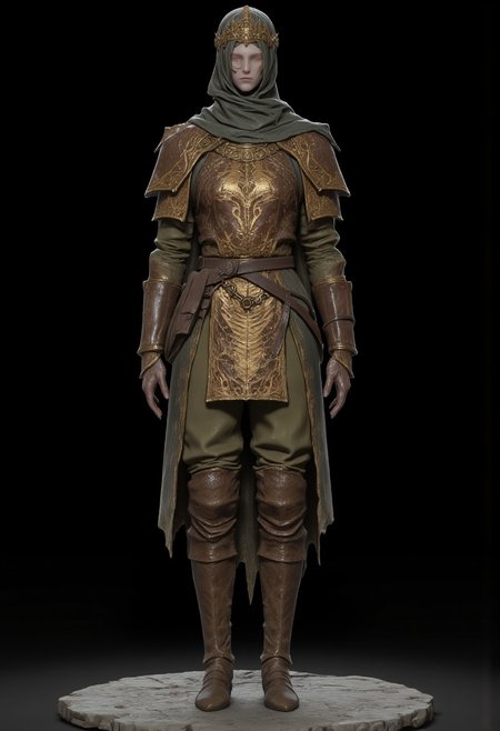 Bandit dressed in a medieval fantasy  Adventurer Set 
 wearing distinctive layered armor. The character has a sturdy leather breastplate decorated with an eye-catching dragon skin pattern in copper or bronze tones. Their outfit consists of olive green padded clothing underneath, with short pants and wrapped arm guards. A light head wrapping and simple circlet protect their head, while practical leather boots complete the outfit. The armor design suggests a blend of protection and mobility, suited for traversing rough terrain. The color palette harmonizes earthy tones - browns, greens, and copper. The overall style appears influenced by fantasy RPG character design, with a practical adventurer's aesthetic that balances form and function.
 Their face is obscured by shadows.
Standing on a flat gray ground  and black background, the camera angle is high rotated at a 45 degree angle
Set against a solid dark black color background to emphasize its unnatural form that emphasizes its silhouette. The medium is not a traditional painting or illustrative medium like watercolor or ink but rather a digital 3D rendering.
MikeFranchinastyle, bbstyle,, horror theme,, ZBClay model of a gray sculpture, zbrush, d4arks0uls, overcast lighting, jedioutfit