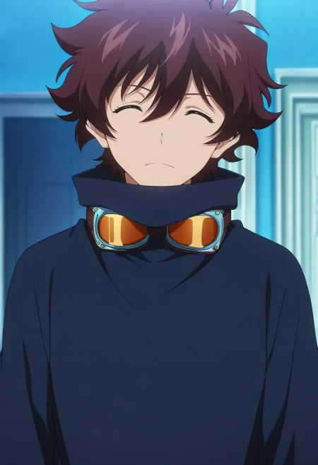 masterpiece, best quality, intricate details, anime screencap, anime coloring, official style, looking at viewer, 1boy, solo, male focus, <lora:leonardo_watch_ilxl:0.9>, leonardo_watch, brown hair, short hair, hair between eyes, bangs, closed eyes, goggles around neck,