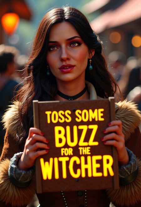 A vibrant and playful portrait of Yennefer woman with flawless skin, big expressive eyes, and long flowing hair. She’s holding a sign with the words ‘TOSS SOME BUZZ FOR THE WITCHER’ in bold, glowing letters. Her look is very natural—wearing a elegant fur and dress, covering her body. The setting is a lively medieval town, with bustling activity in the background. The image features hyper-detailed textures, soft backlighting highlighting her hair, and cinematic color grading, shot with a shallow depth of field using a Hasselblad camera and 85mm lens at f/1.2. The vibe is fun, bold, and unmistakably eye-catching.