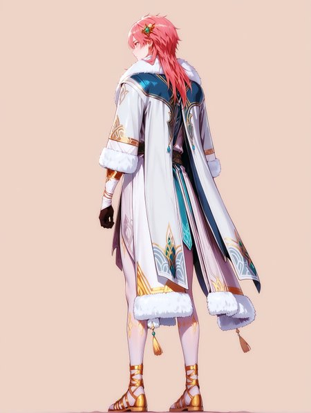 masterpiece, very aesthetic, best quality, amazing quality, solo, imtdkonghongjun, 1boy, male, standing, jewelry, pink hair, long hair, earrings, yellow eyes, hair ornament, fur trim, long sleeves, long tunic, covered legs, white pantyhose, bangs, coat, sandals, golden sandals, gloves, gem, simple background, fit body, tunic, cape, from behind
