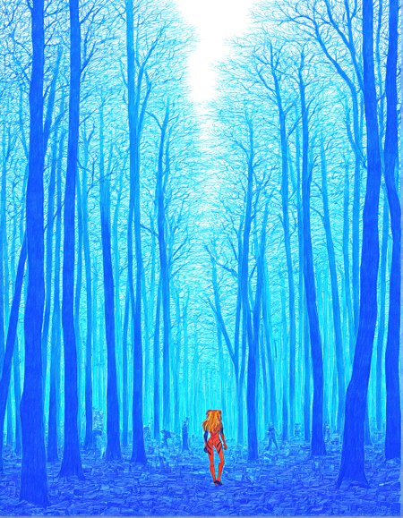 high quality, newest, hires, scenery, reduced pallete,1girl,(solo:1.2), souryuu asuka langley, evangelion \(mecha\), trees, solo focus,