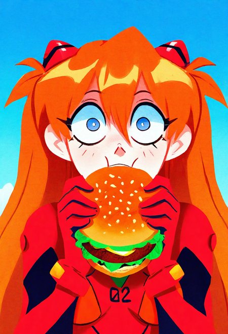 justinecunha, masterpiece, pastel,  best quality,  solo, asuka langley, ginger hair, red uniform,  suprised,  blue sky, eating burger, wide eyes,