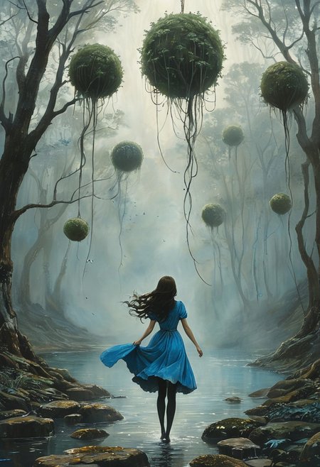 (water-colored), illustration, style of Jessica Galbreth,
(far view, far shot, rear view, facing away:1.3),
(Alice, woman walking, very long dark brown hair,  hair rim lighting, hair in the wind, blue short maid dress with short sleeves, black tights, black shoes:1.5), 
fog, dreamy, dream,
(trees, giant ball plants, big balls suspended, water:2.2)