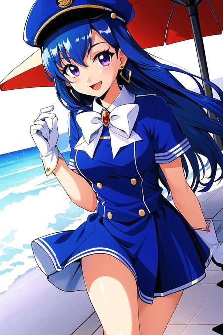1990s \(style\),

1girl, blue hair, bow, bowtie, breasts, dress, earrings, gloves, hat, jewelry, long hair, looking at viewer, open mouth, purple eyes, retro artstyle, short dress, skirt, smile, solo, travel attendant, uniform, white gloves

<lora:1990s-000035:0.5>