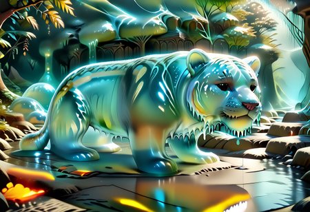 animal_guardian, tiger, a white tiger with black stripes, Tiger made out of slime, slime tiger in a jungle, jungle made out of slime, 
natural light, no bright spots, 
((translucent slime)), ((transparent slime)), made of water, (bioluminescent slime), sl1m3, slime, slime-morph, ais-blmn, saturated colors, no creatures, no humans, no monsters, no pokemon, scenery only, scenery, ral-lava, watce